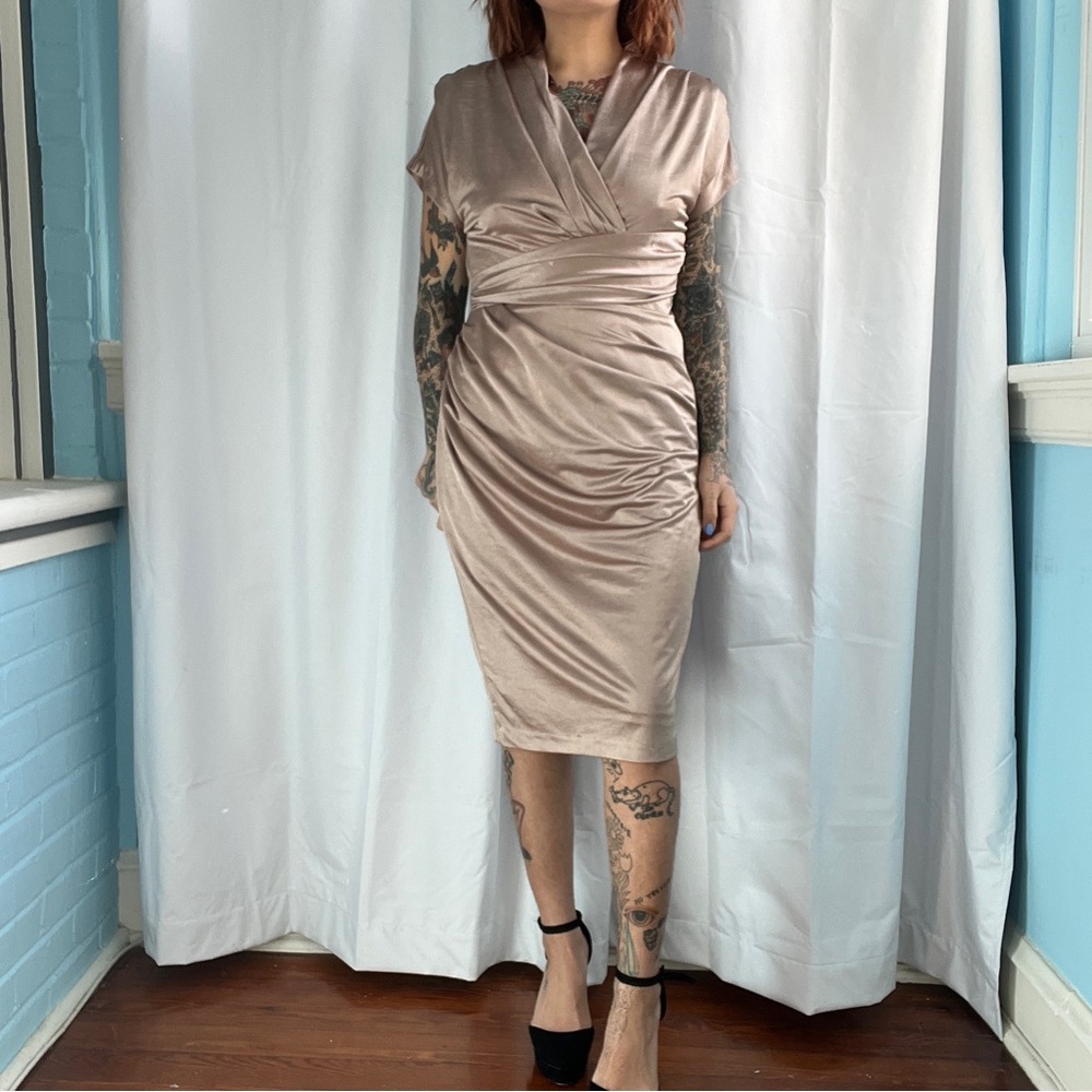 suzi chin for maggy boutique gold toga-esque midi dress size 6